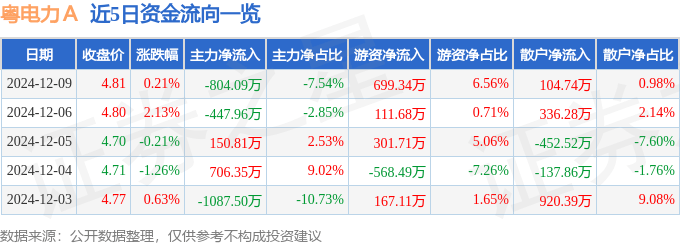 股票行情快报：粤电力Ａ（000539）12月9日主力资金净卖出804.09万元