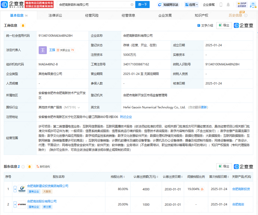 合肥高新数科公司登记成立，含信息系统集成服务业务