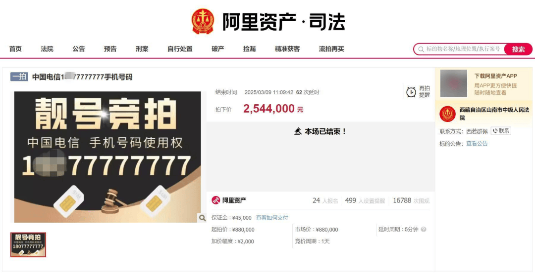 “77777777”254.4万成交！最低月消费1000元