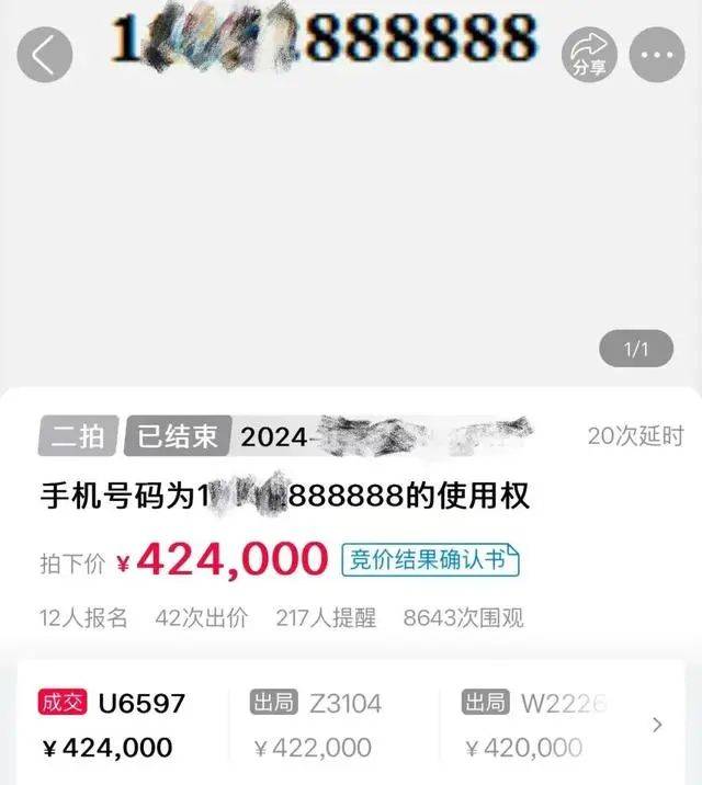“77777777”254.4万成交！最低月消费1000元